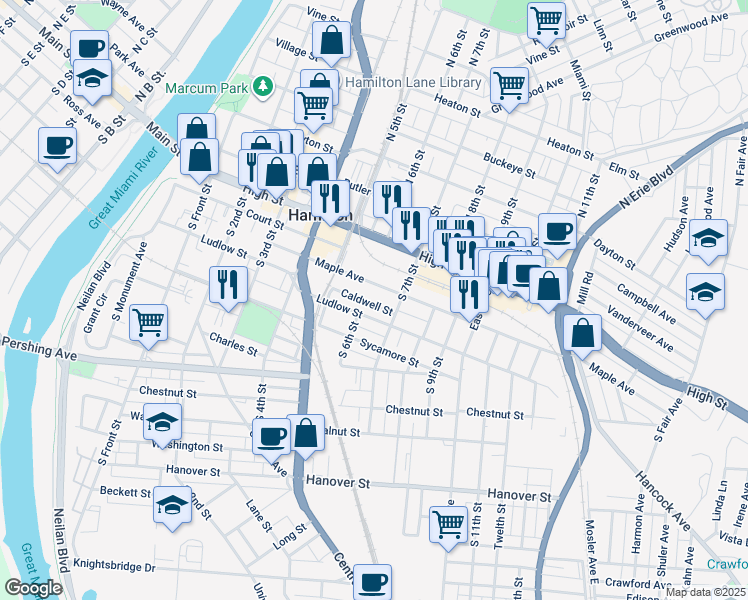 map of restaurants, bars, coffee shops, grocery stores, and more near 616 Caldwell Street in Hamilton