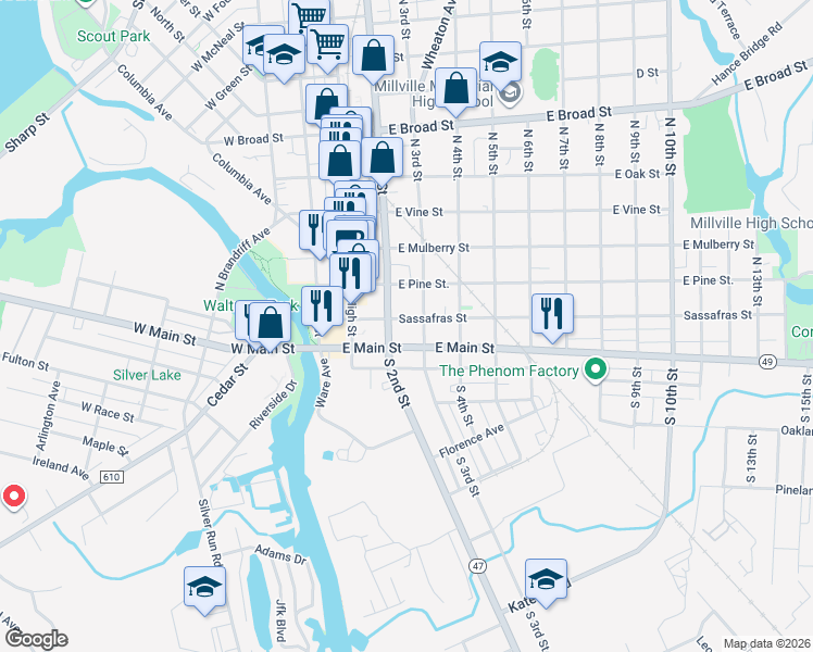 map of restaurants, bars, coffee shops, grocery stores, and more near 16 North 3rd Street in Millville