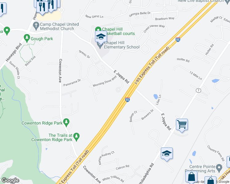map of restaurants, bars, coffee shops, grocery stores, and more near 5302 Myers Orchard Way in Perry Hall