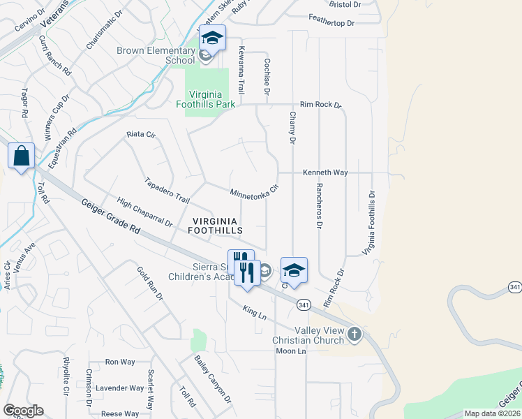 map of restaurants, bars, coffee shops, grocery stores, and more near 14505 Geronimo Trail in Reno