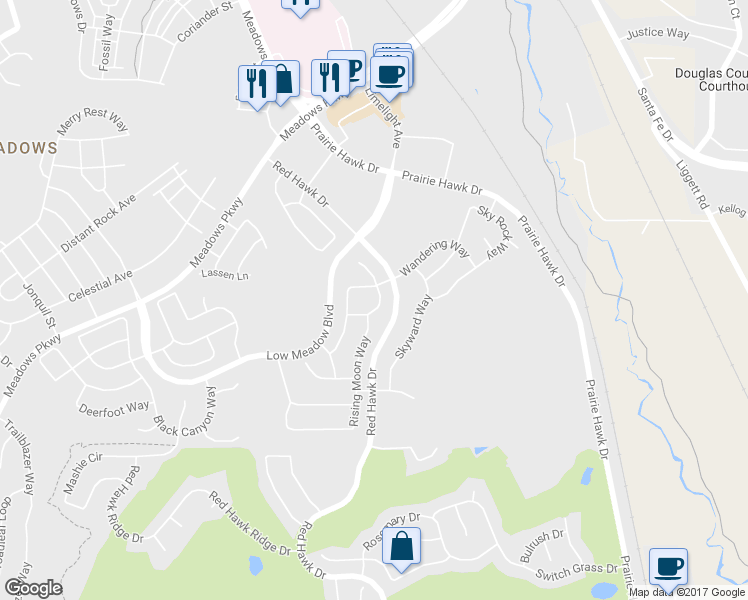 map of restaurants, bars, coffee shops, grocery stores, and more near 3207 Youngheart Way in Castle Rock