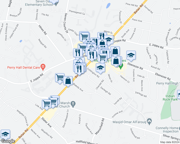 map of restaurants, bars, coffee shops, grocery stores, and more near 4201 Darleigh Road in Nottingham