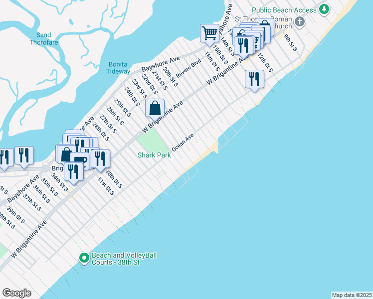 map of restaurants, bars, coffee shops, grocery stores, and more near 403 23rd Street South in Brigantine