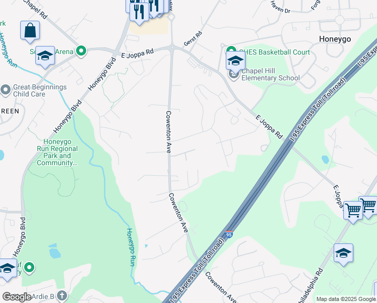map of restaurants, bars, coffee shops, grocery stores, and more near 5108 Morning Dove Way in Perry Hall