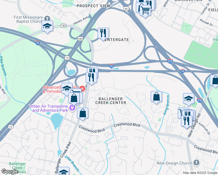 map of restaurants, bars, coffee shops, grocery stores, and more near 327 Ballenger Center Drive in Frederick