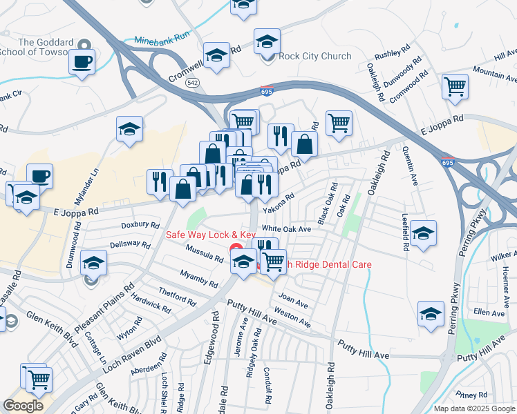 map of restaurants, bars, coffee shops, grocery stores, and more near 8623 Loch Raven Boulevard in Towson