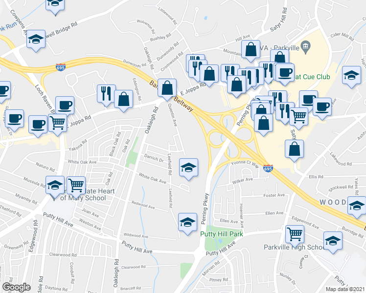 map of restaurants, bars, coffee shops, grocery stores, and more near 8609 Quentin Avenue in Parkville