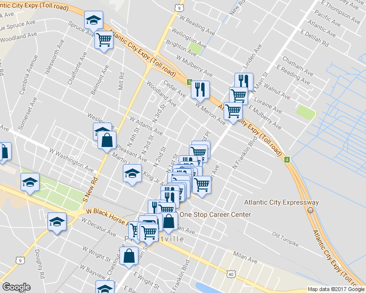 map of restaurants, bars, coffee shops, grocery stores, and more near 43 West Adams Avenue in Pleasantville