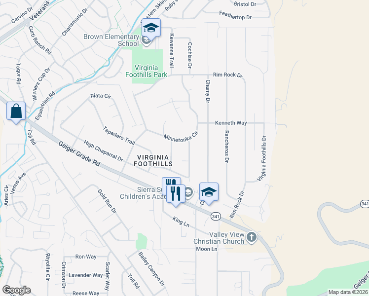 map of restaurants, bars, coffee shops, grocery stores, and more near 14505 Geronimo Trail in Reno