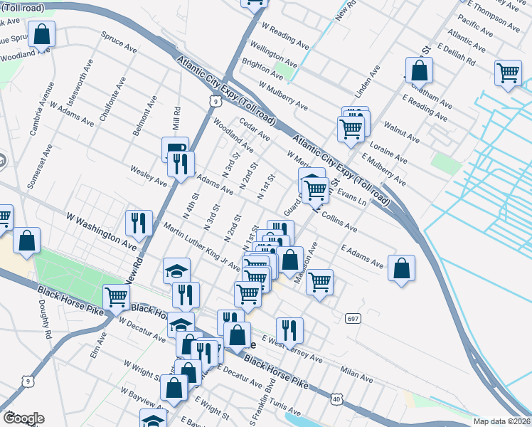 map of restaurants, bars, coffee shops, grocery stores, and more near 43 West Adams Avenue in Pleasantville