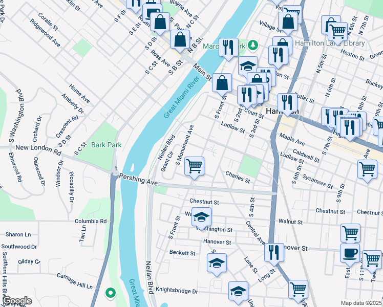 map of restaurants, bars, coffee shops, grocery stores, and more near 510 South Monument Avenue in Hamilton