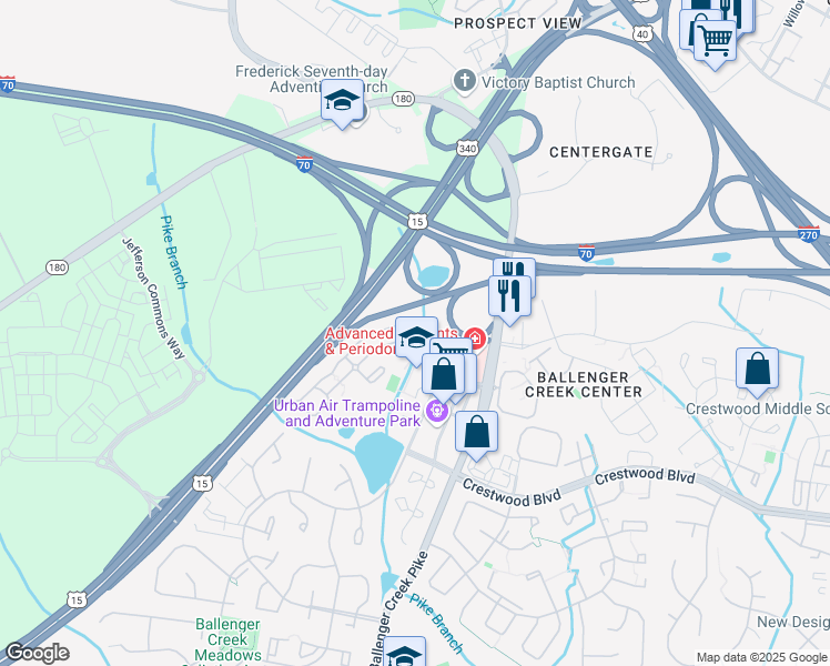 map of restaurants, bars, coffee shops, grocery stores, and more near 6487 Mercantile Drive East in Frederick