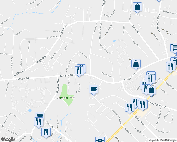 map of restaurants, bars, coffee shops, grocery stores, and more near 9008 Simms Avenue in Parkville