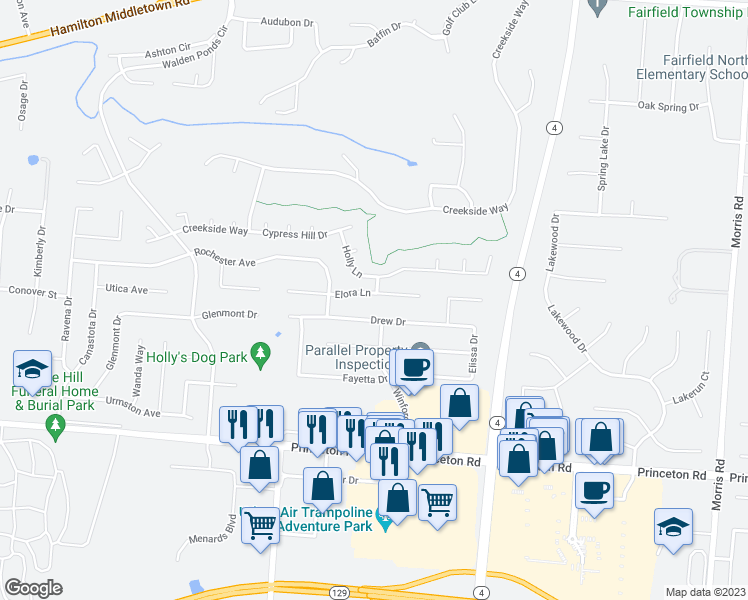 map of restaurants, bars, coffee shops, grocery stores, and more near 3151 Elora Lane in Hamilton