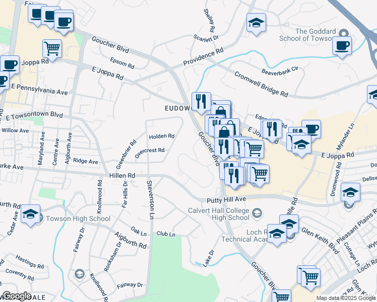 map of restaurants, bars, coffee shops, grocery stores, and more near 14 Acorn Circle in Towson