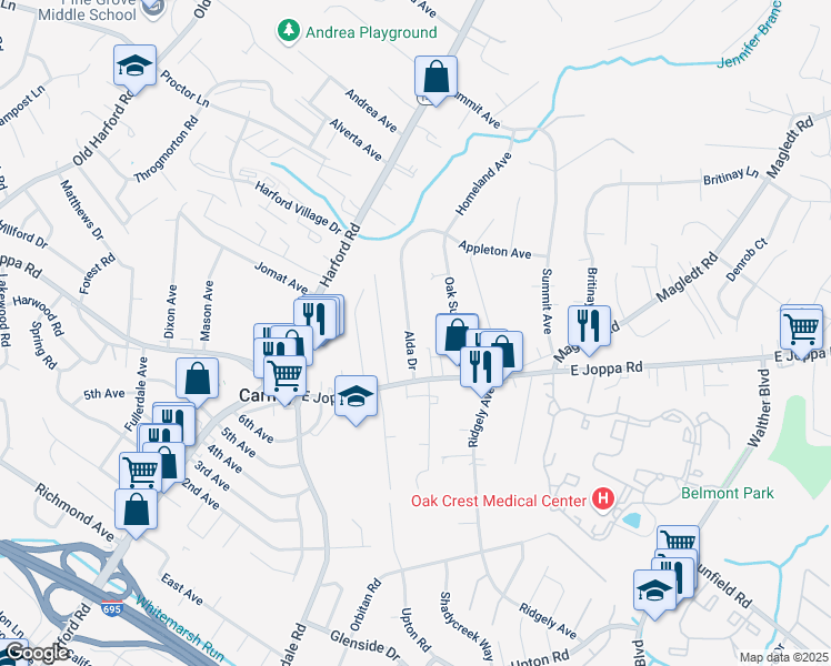 map of restaurants, bars, coffee shops, grocery stores, and more near 9609 Alda Drive in Parkville