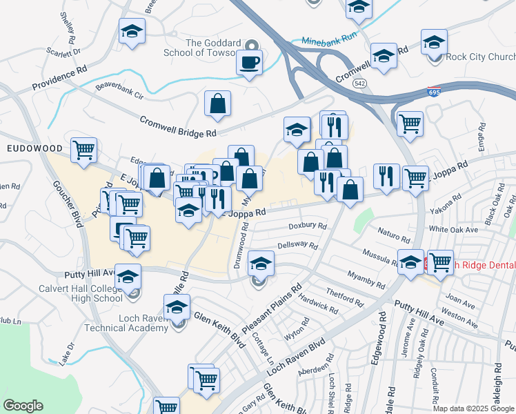 map of restaurants, bars, coffee shops, grocery stores, and more near 1400 East Joppa Road in Towson