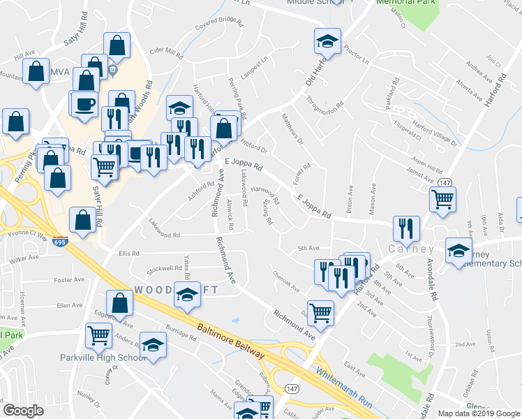 map of restaurants, bars, coffee shops, grocery stores, and more near 8822 Spring Rd in Parkville