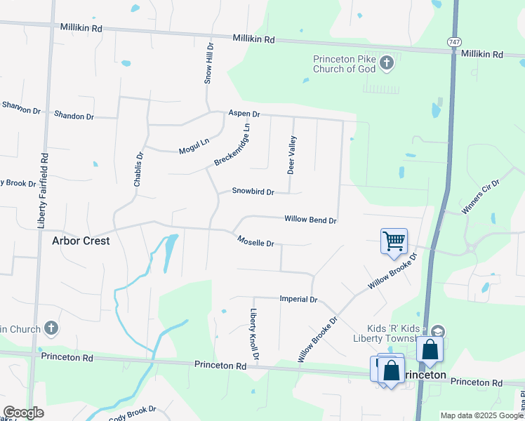 map of restaurants, bars, coffee shops, grocery stores, and more near 6431 Willow Bend Drive in Butler County