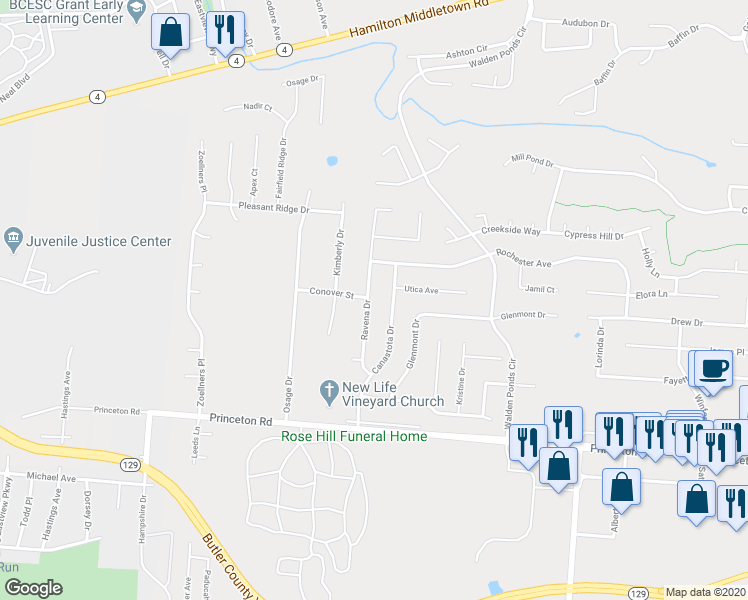 map of restaurants, bars, coffee shops, grocery stores, and more near 6430 Ravena Drive in Hamilton