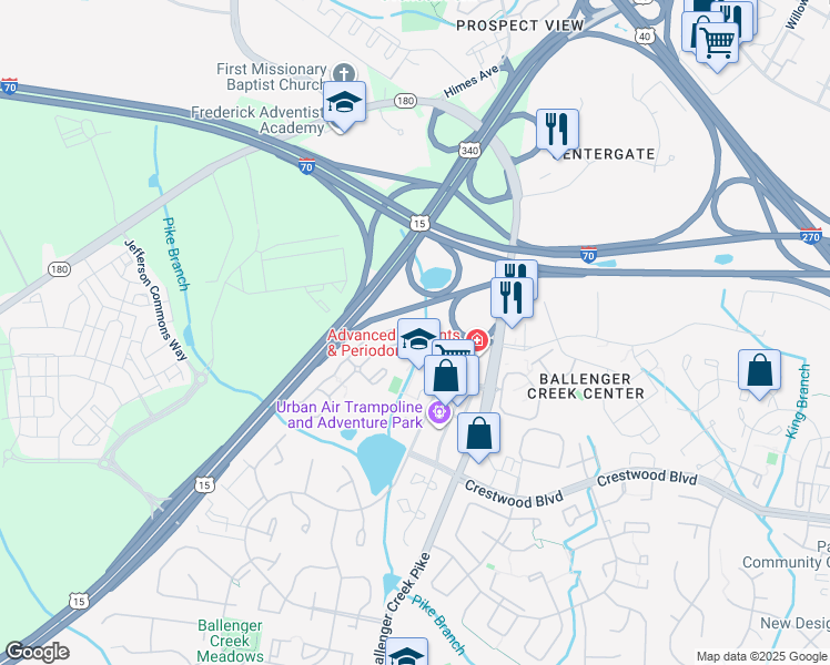 map of restaurants, bars, coffee shops, grocery stores, and more near 6450 Mercantile Drive East in Frederick