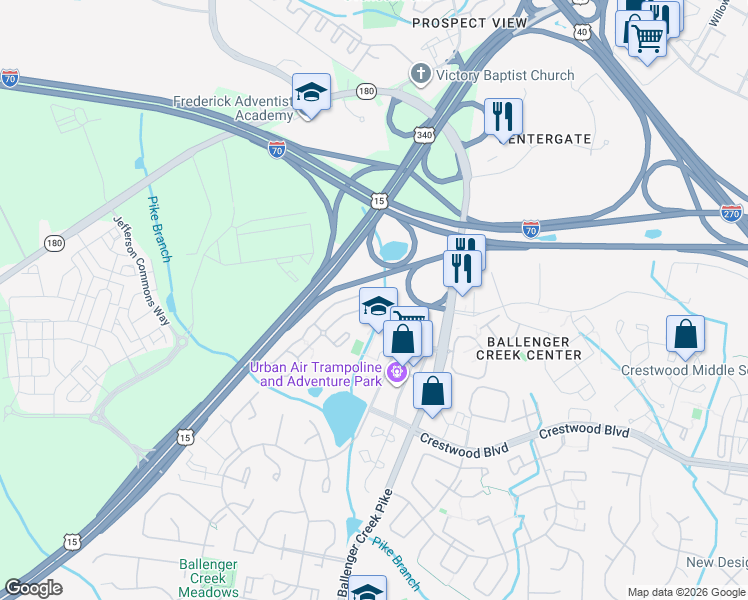 map of restaurants, bars, coffee shops, grocery stores, and more near 6487 Mercantile Drive East in Frederick