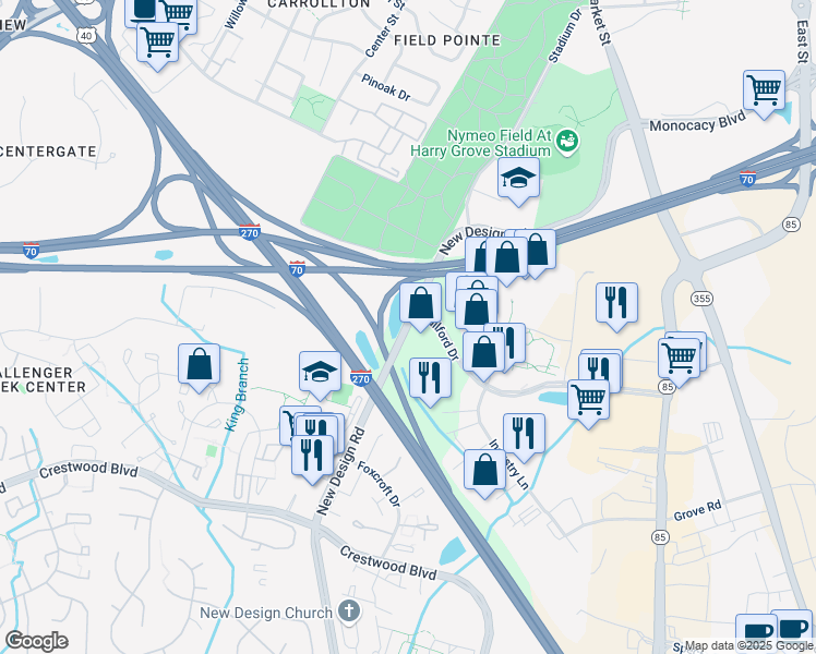map of restaurants, bars, coffee shops, grocery stores, and more near 5927 New Design Road in Frederick