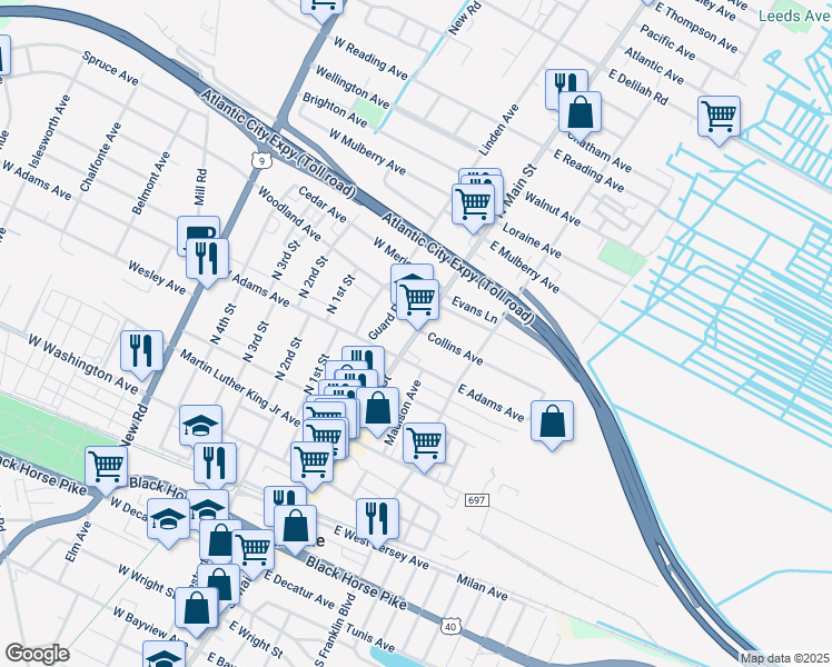map of restaurants, bars, coffee shops, grocery stores, and more near 215 Shore Road in Northfield