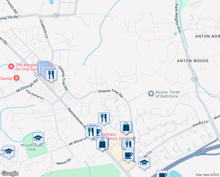 map of restaurants, bars, coffee shops, grocery stores, and more near 8900 Griffin Way in Pikesville