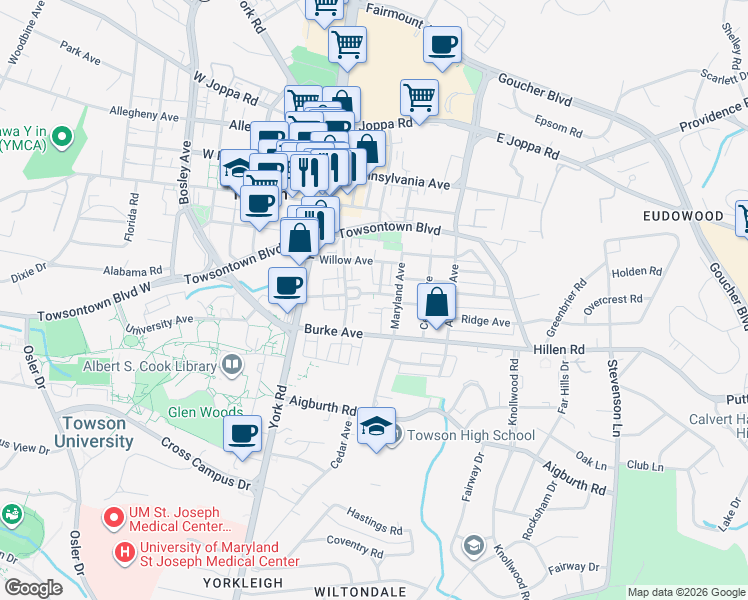 map of restaurants, bars, coffee shops, grocery stores, and more near 16H Linden Terrace in Baltimore
