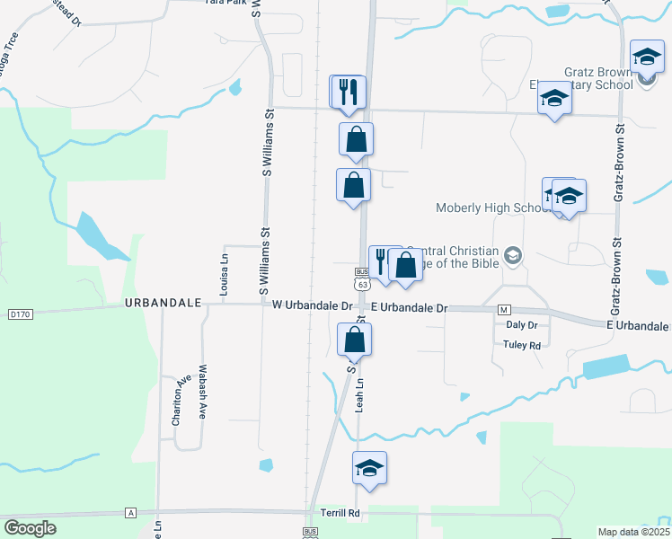 map of restaurants, bars, coffee shops, grocery stores, and more near 1715 South Morley Street in Moberly