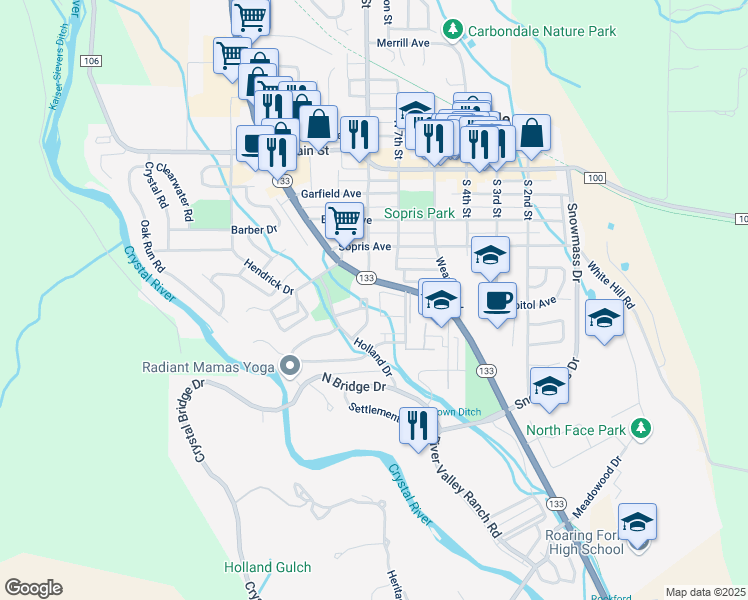 map of restaurants, bars, coffee shops, grocery stores, and more near 1007 Vito's Way in Carbondale