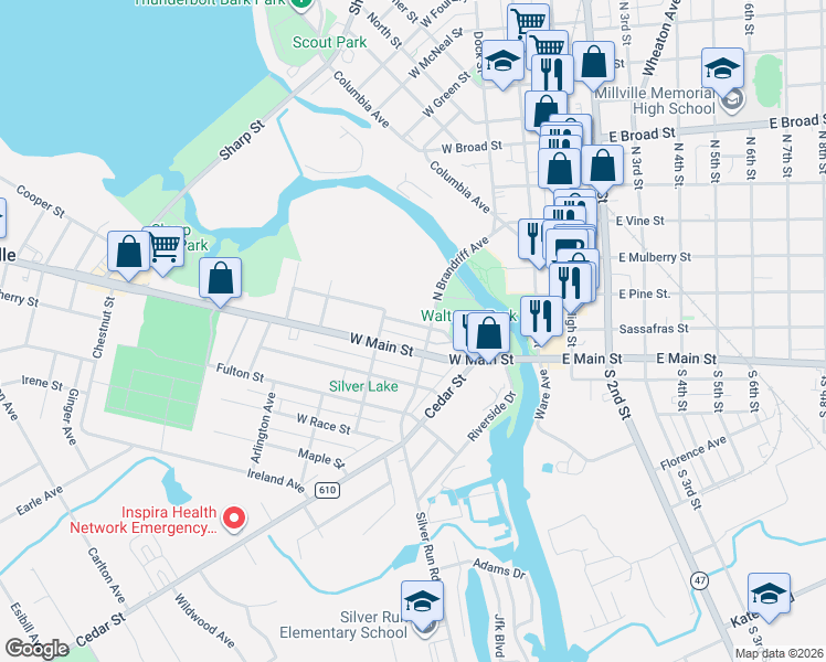 map of restaurants, bars, coffee shops, grocery stores, and more near 209 Maurice Street in Millville