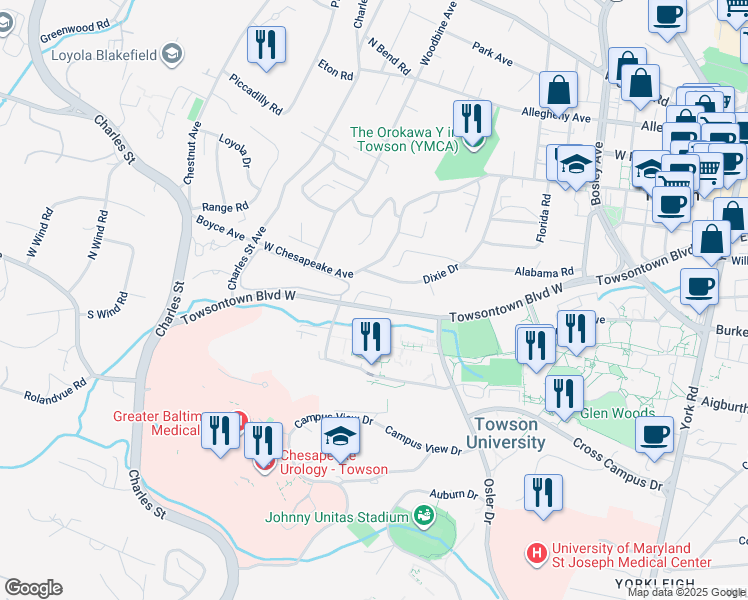 map of restaurants, bars, coffee shops, grocery stores, and more near 200 Towsontown Court in Towson