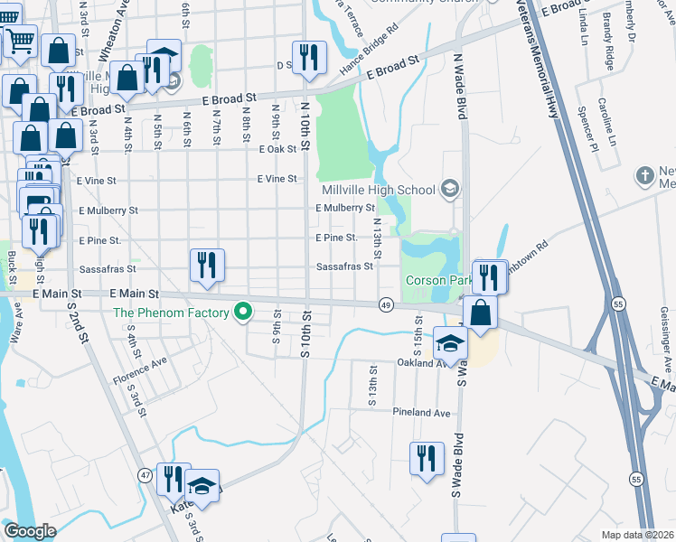 map of restaurants, bars, coffee shops, grocery stores, and more near 10 North 12th Street in Millville