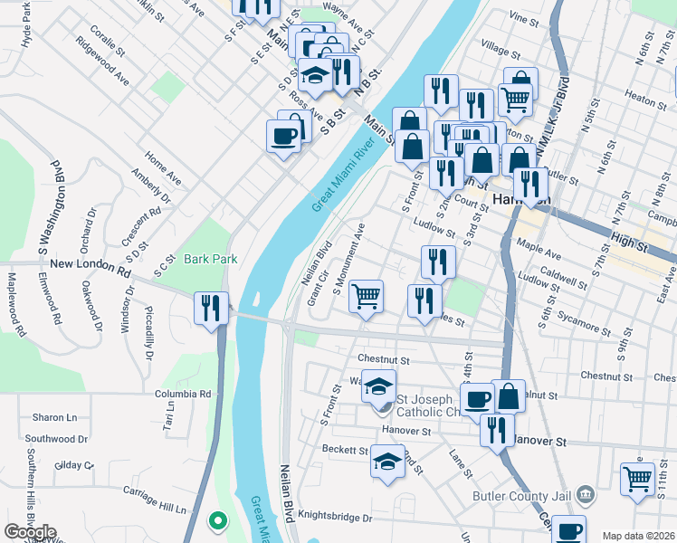 map of restaurants, bars, coffee shops, grocery stores, and more near 510 South Monument Avenue in Hamilton