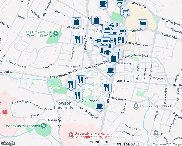 map of restaurants, bars, coffee shops, grocery stores, and more near 238 University Avenue in Towson