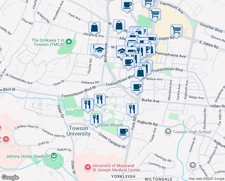 map of restaurants, bars, coffee shops, grocery stores, and more near 238 University Avenue in Towson