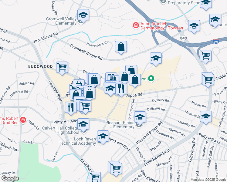 map of restaurants, bars, coffee shops, grocery stores, and more near 1220 East Joppa Road in Towson