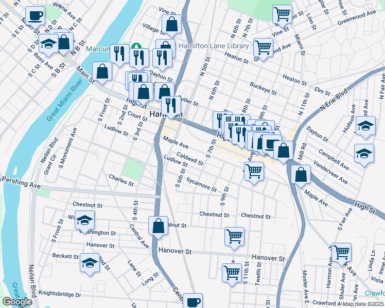 map of restaurants, bars, coffee shops, grocery stores, and more near 616 Caldwell Street in Hamilton