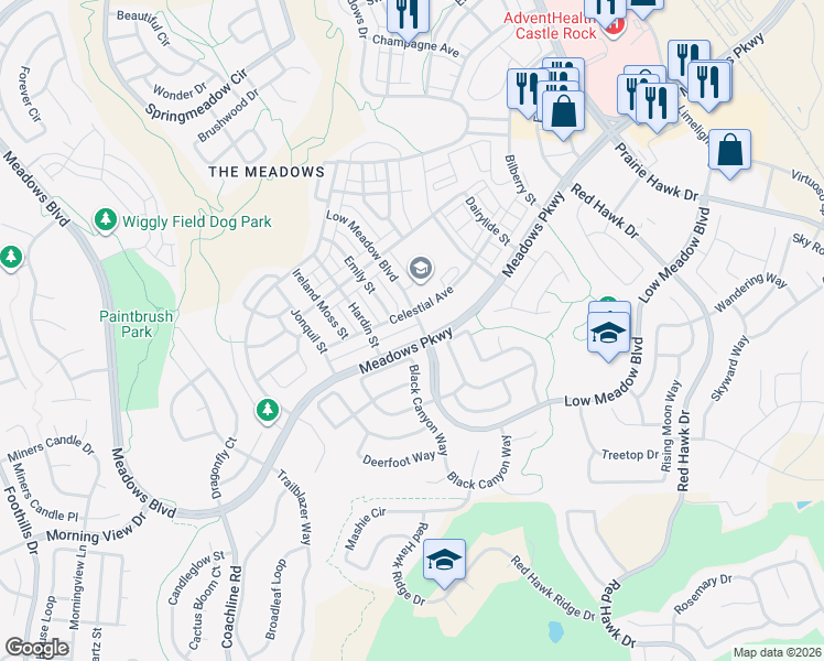 map of restaurants, bars, coffee shops, grocery stores, and more near 3091 Black Canyon Way in Castle Rock