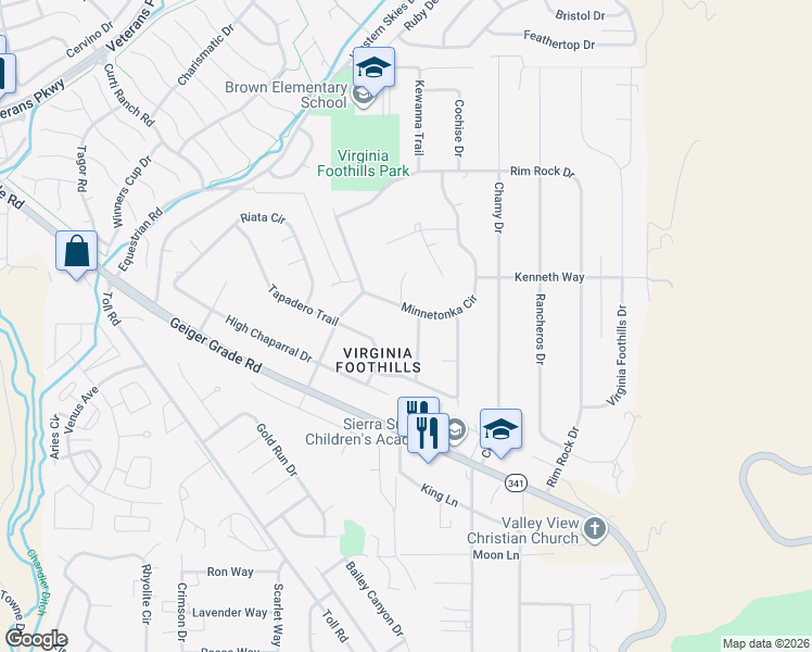 map of restaurants, bars, coffee shops, grocery stores, and more near 14585 Seminole Trail in Reno