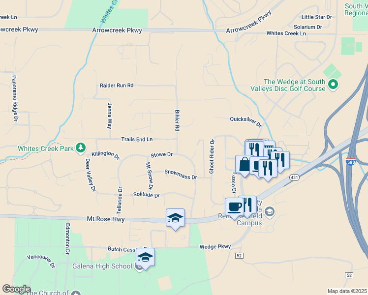 map of restaurants, bars, coffee shops, grocery stores, and more near 2205 Stowe Drive in Reno
