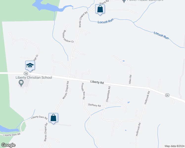 map of restaurants, bars, coffee shops, grocery stores, and more near 10918 Liberty Road in Randallstown
