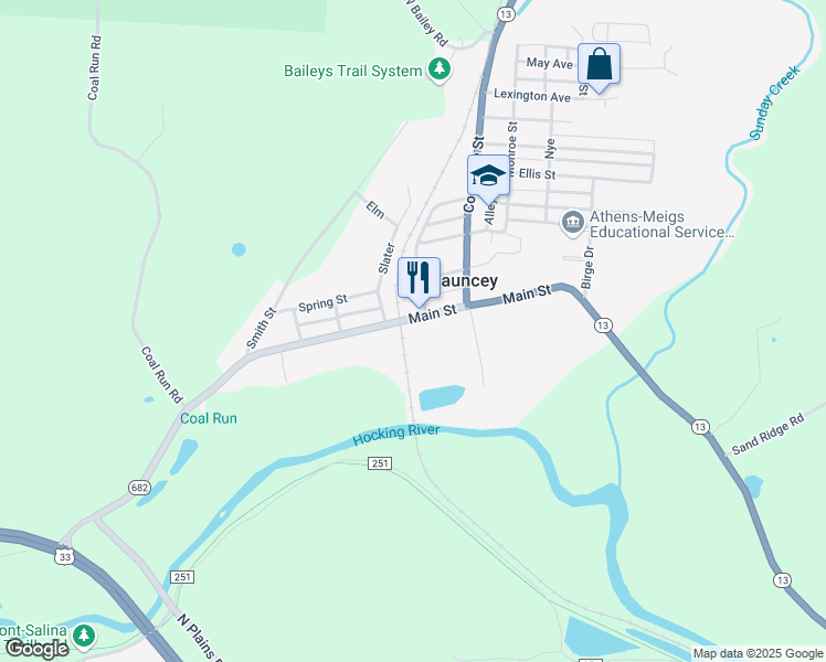 map of restaurants, bars, coffee shops, grocery stores, and more near 42 Main Street in Chauncey