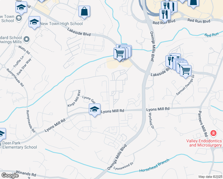 map of restaurants, bars, coffee shops, grocery stores, and more near 4600 Owings Run Road in Owings Mills