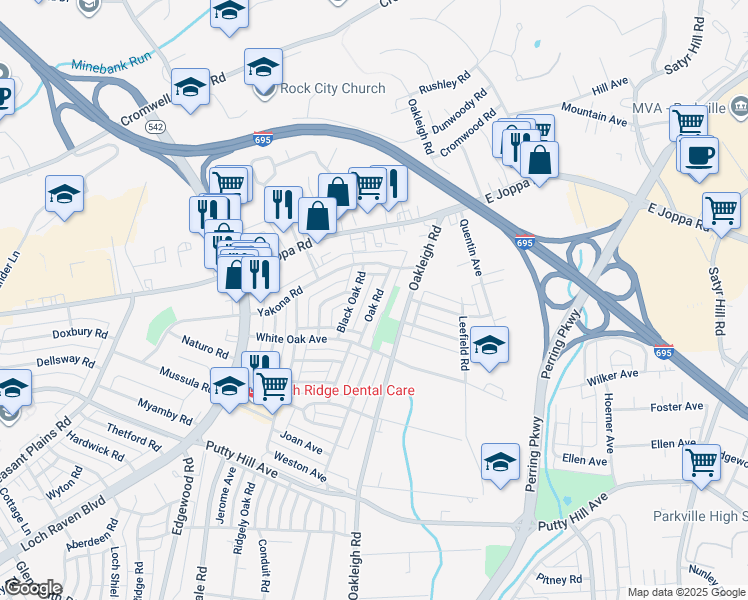 map of restaurants, bars, coffee shops, grocery stores, and more near 8654 Oak Road in Parkville