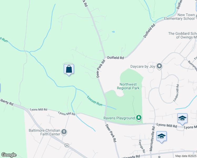 map of restaurants, bars, coffee shops, grocery stores, and more near 4600 Deer Park Road in Owings Mills