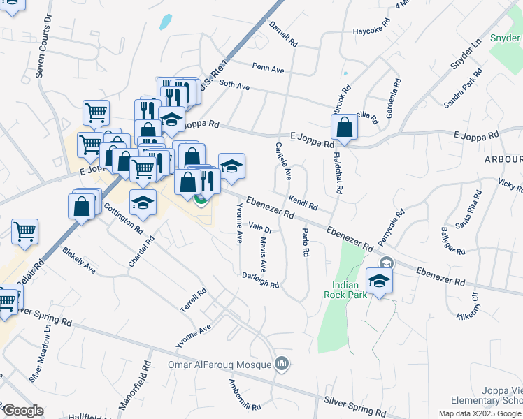 map of restaurants, bars, coffee shops, grocery stores, and more near 4411 Ebenezer Road in Nottingham