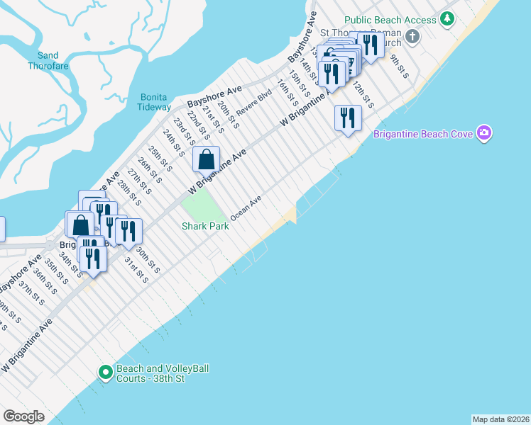 map of restaurants, bars, coffee shops, grocery stores, and more near 405 22nd Street South in Brigantine